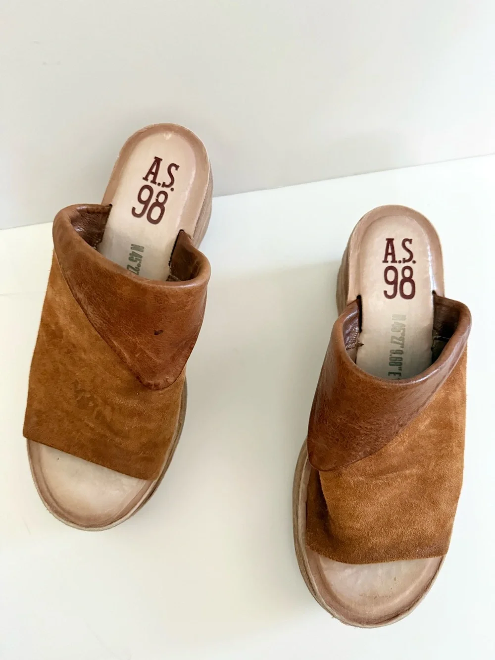 A.S.98 Niels Slide Sandal Wedges Leather Distressed Open Toe Clog Size 7.5